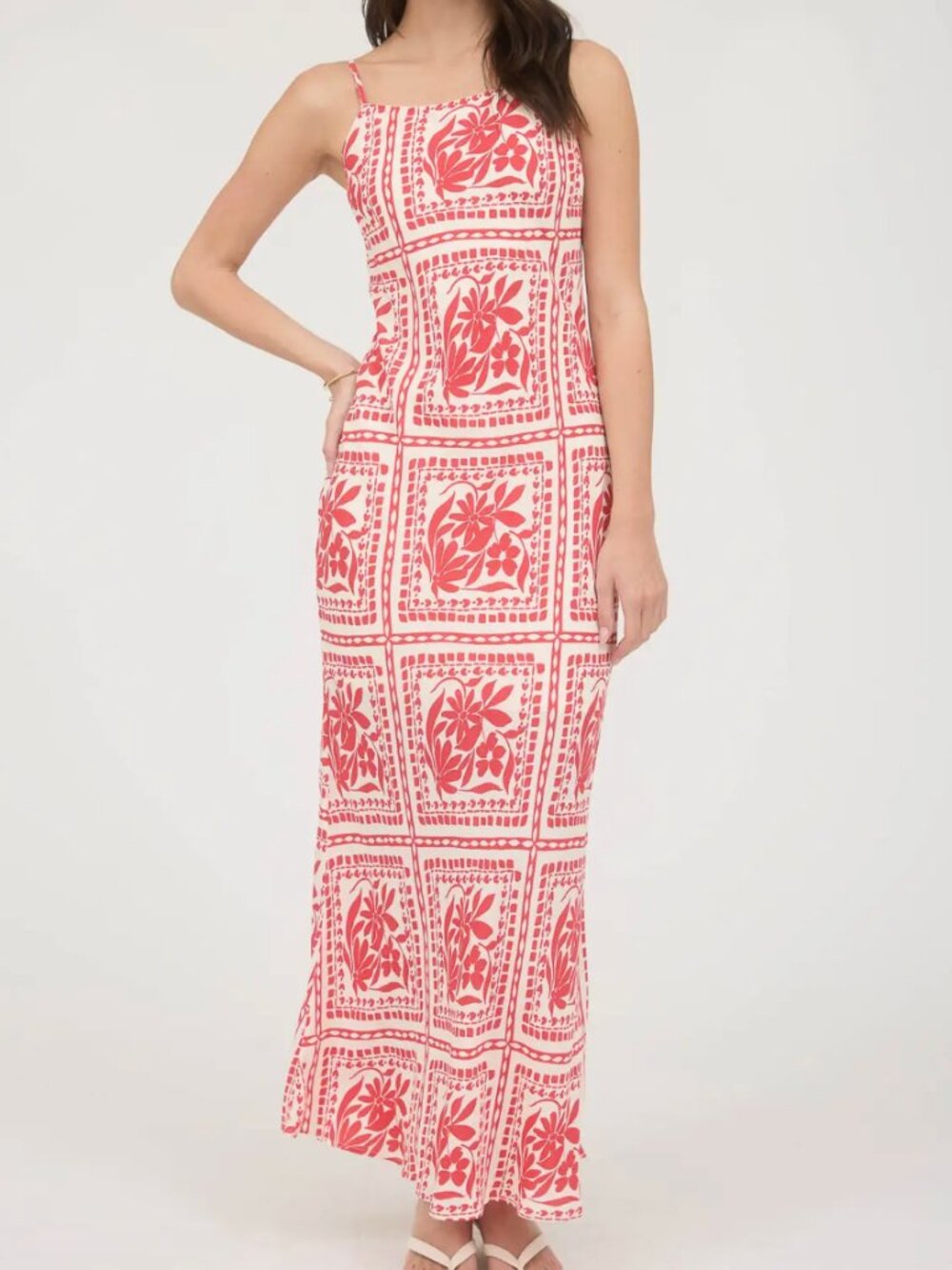 THE WORKSHOP Red and Ivory Floral Tile Maxi Dress with spaghetti straps. Size M